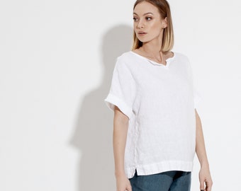 White Linen Top / Loose-fitting Top in Linen / Summer Top / Flax Top / White Linen Blouse / Oversize Top / Boxy Top in Linen