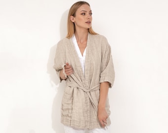 Linen Kimono Jacket / Beige Linen Blazer / Loose Jacket / Natural Linen Robe / Long Jacket / Summer Cardigan / Summer Blazer / Flax Jacket