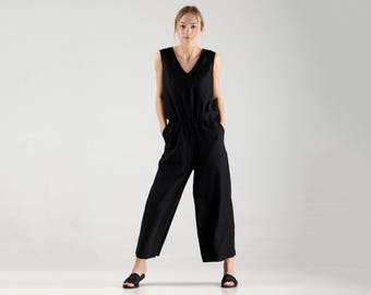 Linen Jumpsuit / Black Jumpsuit / Maxi Loose Jumpsuit / Wide Leg Jumpsuit / Linen Overall / Black Overall Pants