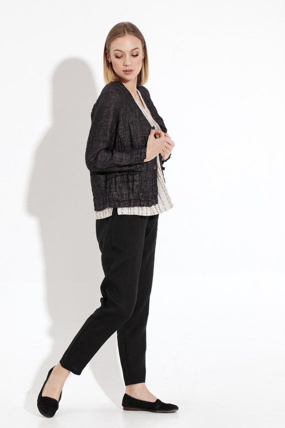 Short Linen Jacket With Buttons Black Linen Jacket Linen