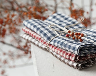 Set of 3 Linen Kitchen Towels | Linen Natural Tea Towels | Linen Gift For Kitchen | Linen Textile | Checked Tea Towel | Tea Towel In Linen