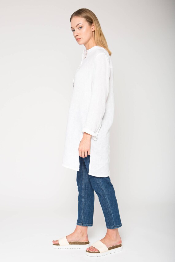 White Linen Mandarin Collar Tunic / Loose Fit Tunic / Loose