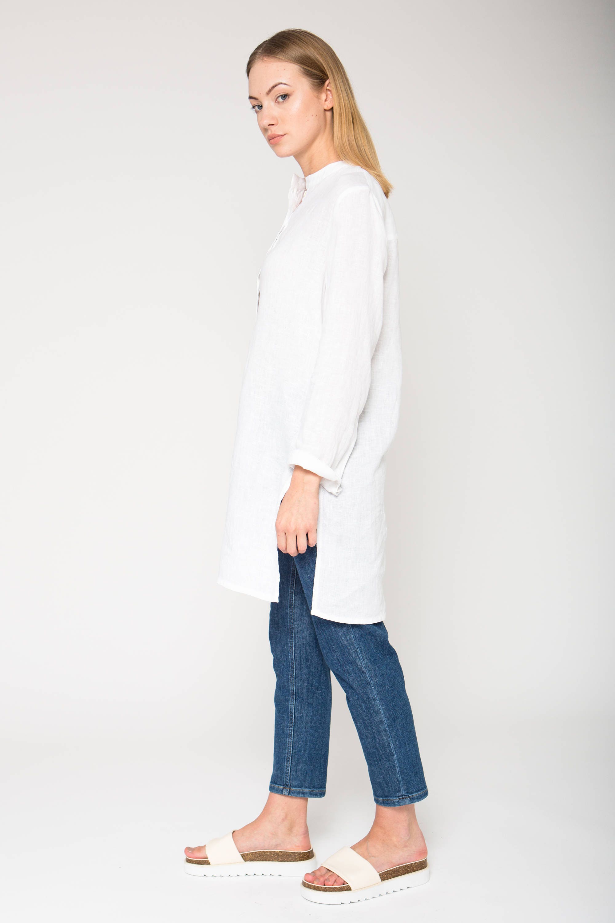 White Linen Mandarin Collar Tunic / Loose Fit Tunic / Loose