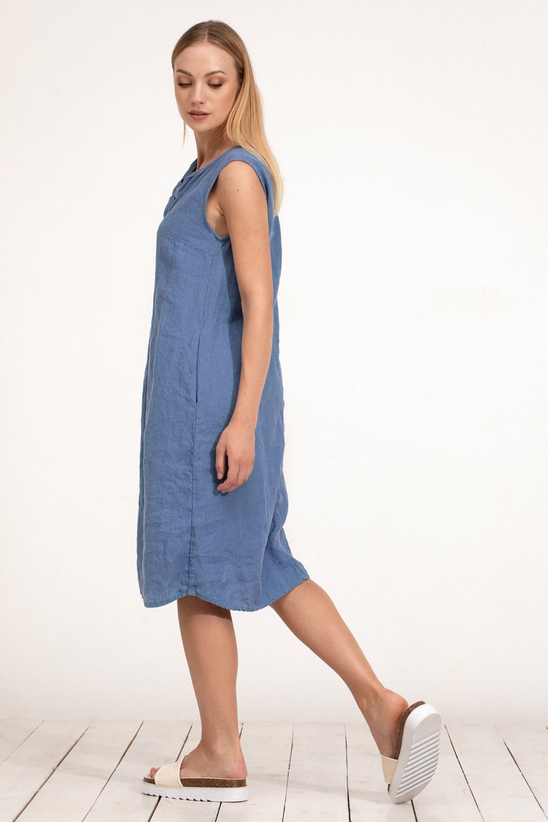 Blue Linen Dress Sleeveless with Buttons / Loose Fit Tunic Dress / Casual Maxi Tunic Dress / Linen Clothing for Women / Summer Dress image 5