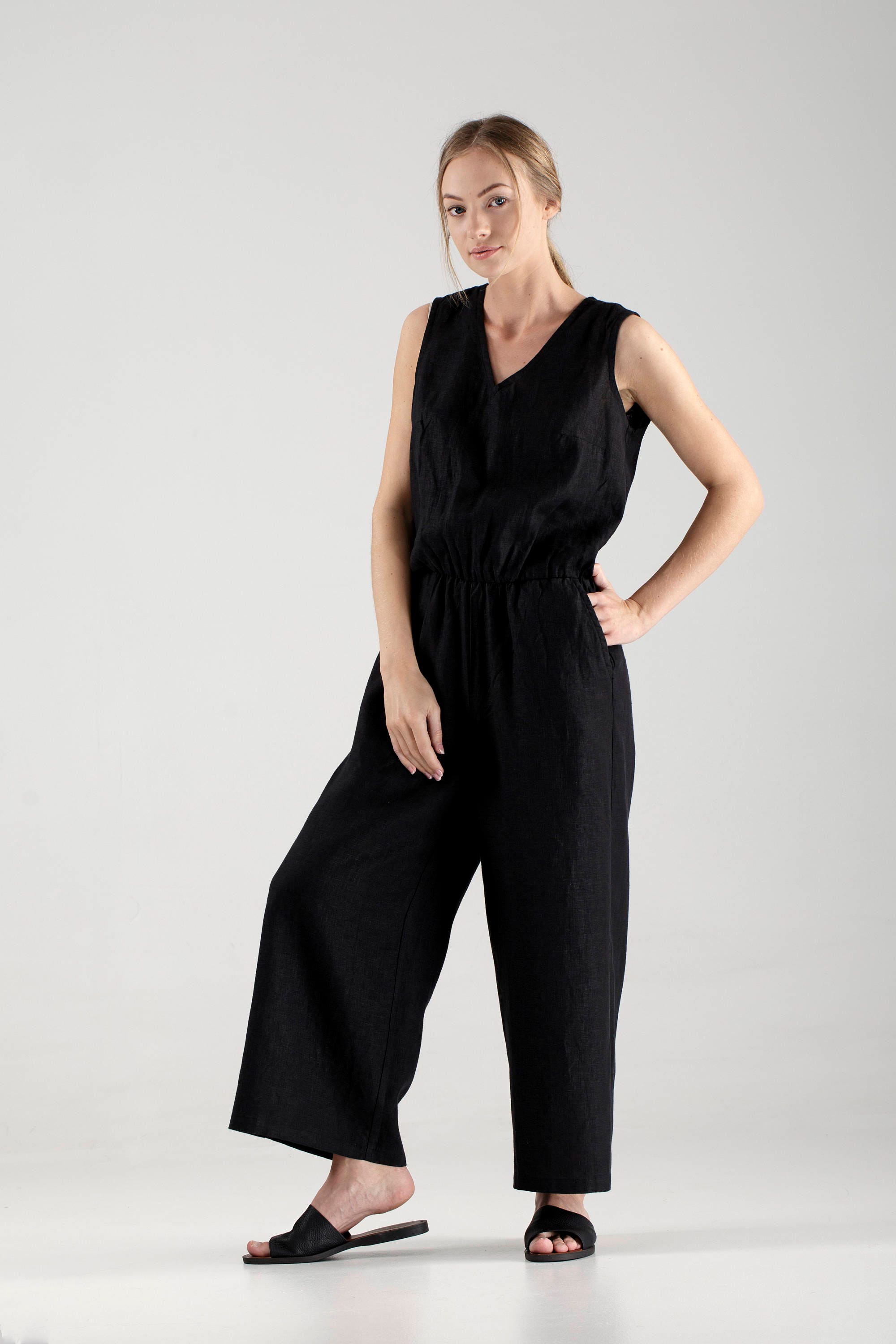 Linen Jumpsuit / Black Jumpsuit / Maxi Loose Jumpsuit / Wide | Etsy