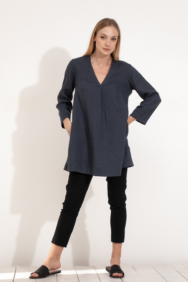 Dark Blue Linen Tunic Charcoal Flax Shift Dress Long Linen Blouse with V-Neck Loose Fit Dress Roomy Dress Silhouette Dress