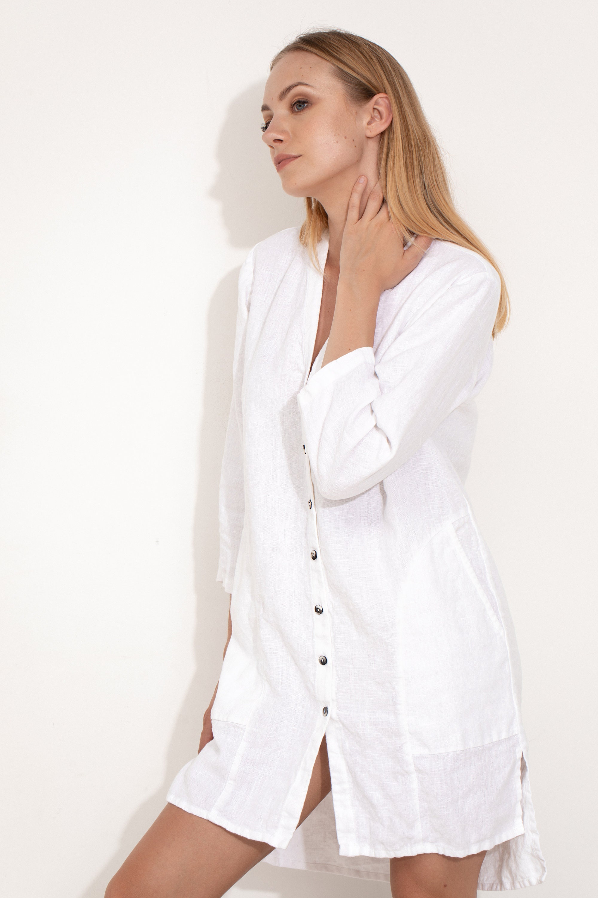 White Linen Shirt Tunic / Shift Dress / Tunic With Pockets and - Etsy