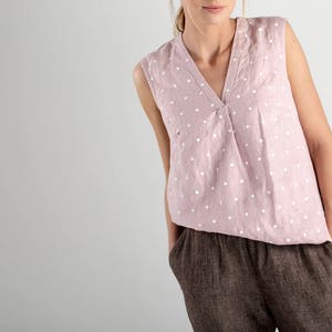 Pink Sleeveless Linen Top With White Dots / Pink Linen Top / Sleeveless Linen Blouse / Linen Blouse With Dots / Loose Fit Linen Top image 1