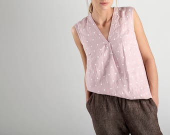 Pink Sleeveless Linen Top With White Dots / Pink Linen Top / Sleeveless Linen Blouse / Linen Blouse With Dots / Loose Fit Linen Top