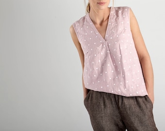 Pink Sleeveless Linen Top With White Dots / Pink Linen Top / Sleeveless Linen Blouse / Linen Blouse With Dots / Loose Fit Linen Top