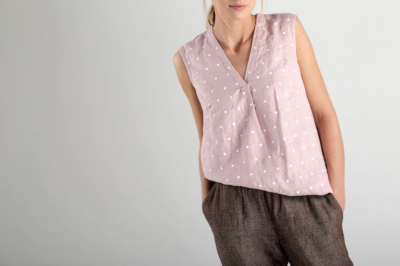 Pink Sleeveless Linen Top With White Dots / Pink Linen Top / Sleeveless Linen Blouse / Linen Blouse With Dots / Loose Fit Linen Top image 1