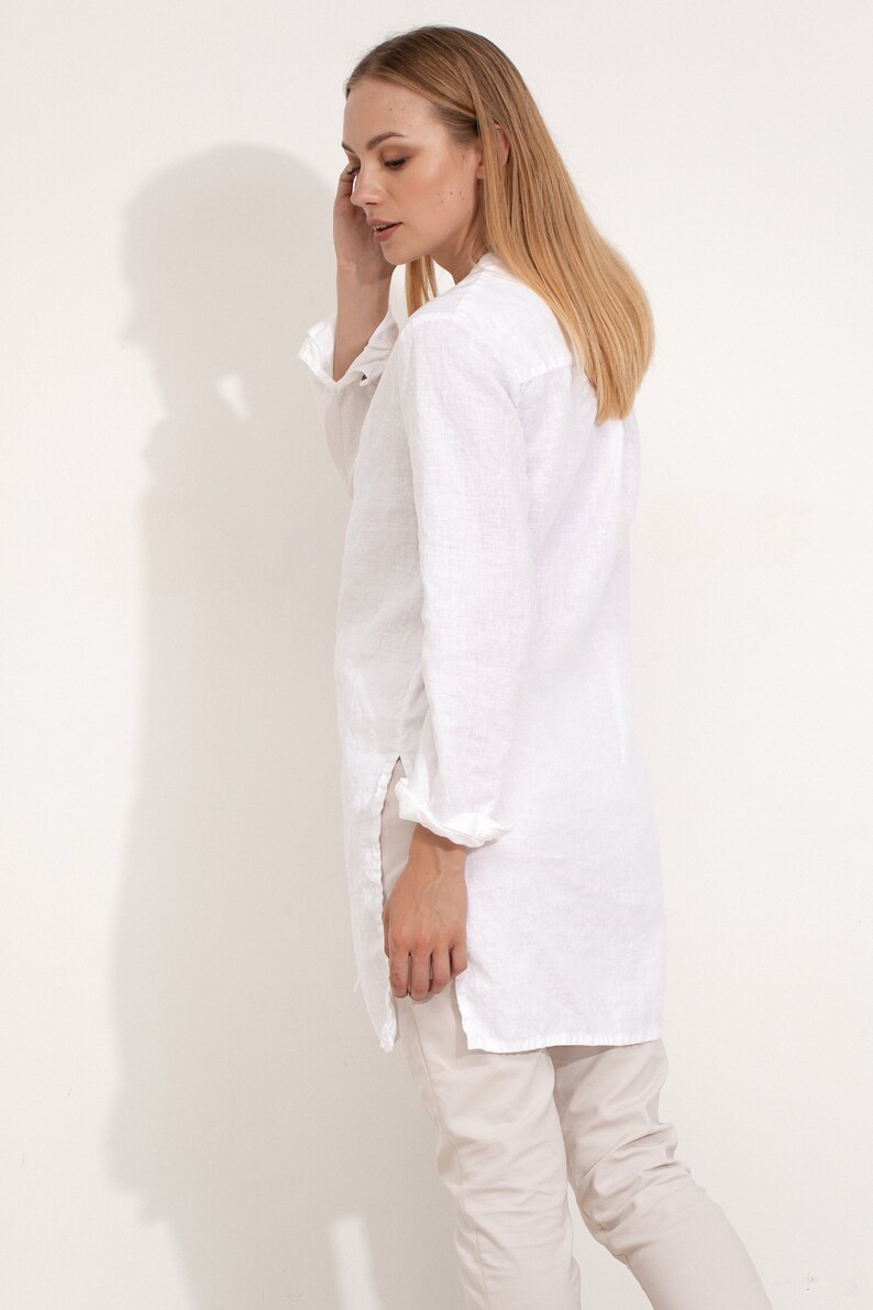 White Linen Tunic Shirt / Flax Tunic Shirt With V-neck and - Etsy