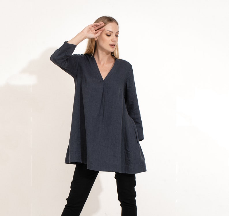 Dark Blue Linen Tunic Charcoal Flax Shift Dress Long Linen Blouse with V-Neck Loose Fit Dress Roomy Dress Silhouette Dress