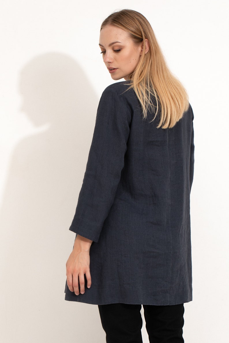 Dark Blue Linen Tunic Charcoal Flax Shift Dress Long Linen Blouse with V-Neck Loose Fit Dress Roomy Dress Silhouette Dress