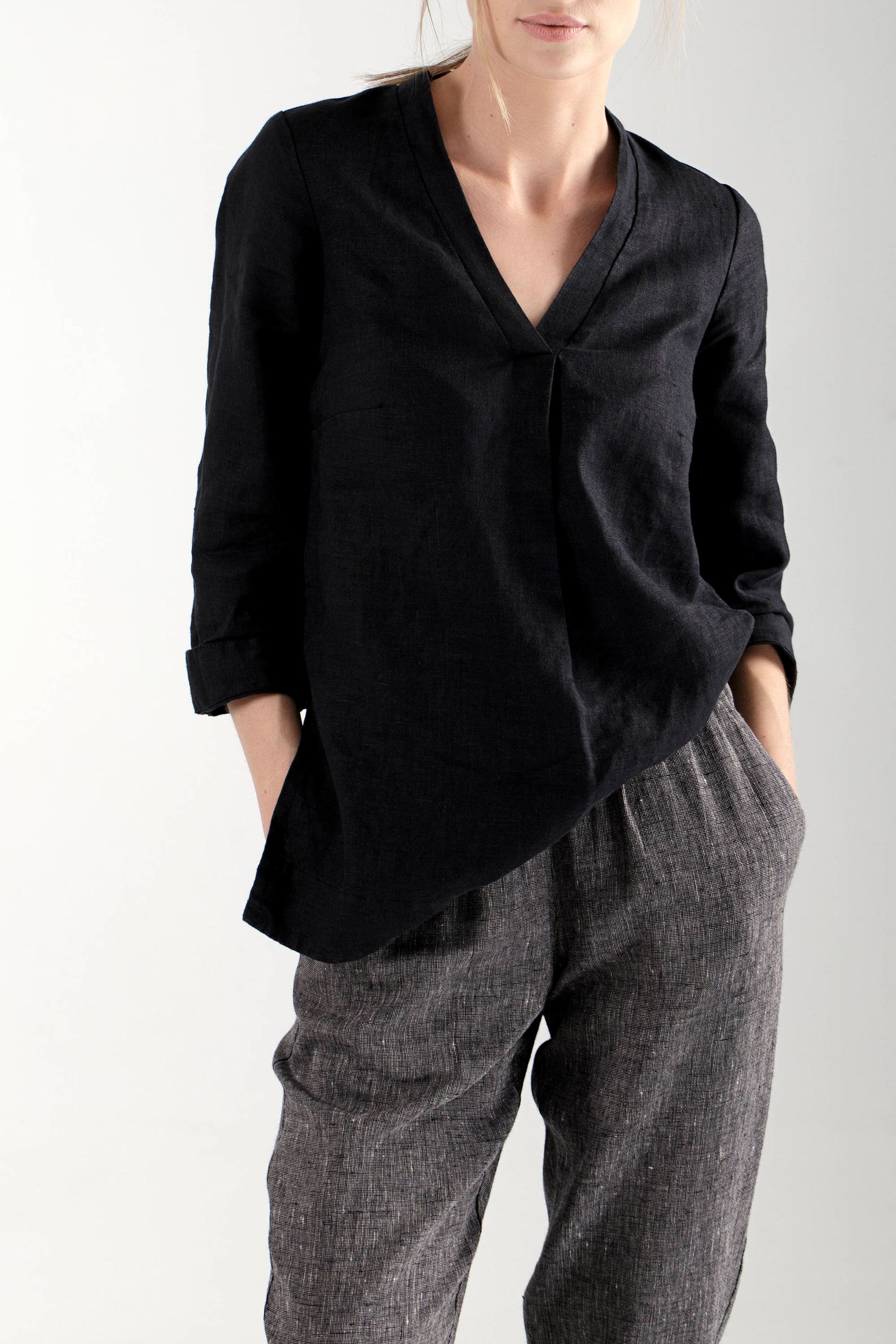 Linen Top / Black Linen Vneck Top / Black Linen Blouse / Etsy