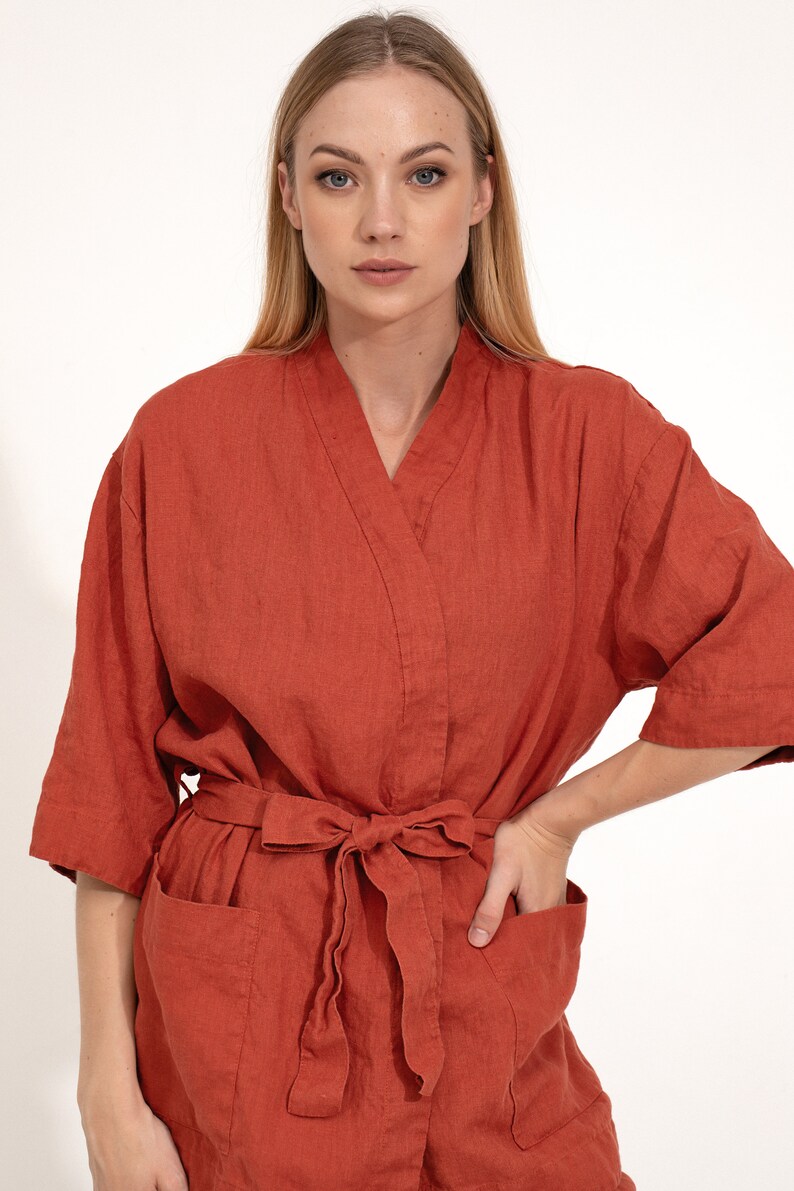 Linen Kimono Jacket / Red Kimono Robe / Jacket With Belt / Etsy