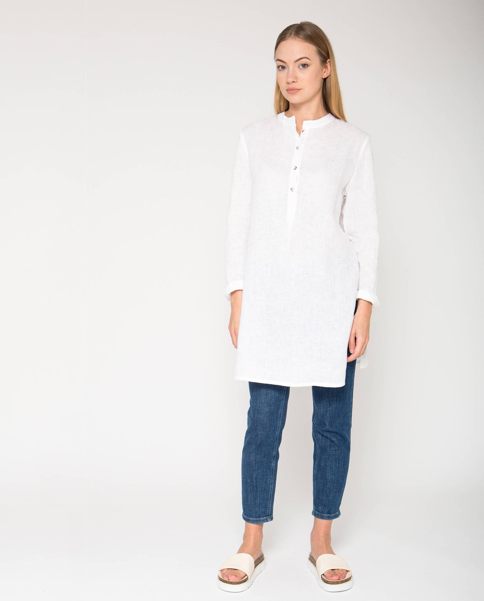 White Linen Mandarin Collar Tunic / Loose Fit Tunic / Loose Fit Linen