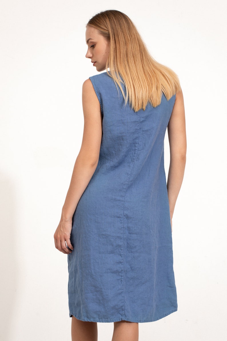 Blue Linen Dress Sleeveless with Buttons / Loose Fit Tunic Dress / Casual Maxi Tunic Dress / Linen Clothing for Women / Summer Dress image 3