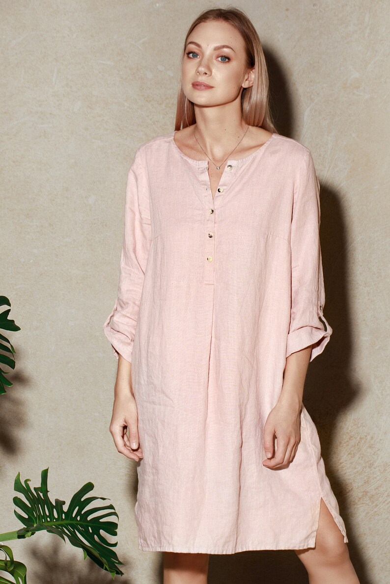 Pink Linen Shirt Dress / Pink Linen Shirt / Long Linen Tunic Shirt / Loose Fit Linen Shirt / Linen Tunic Dress / Maternity Shirt Dress image 8