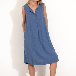 Blue Linen Dress Sleeveless with Buttons / Loose Fit Tunic Dress / Casual Maxi Tunic Dress / Linen Clothing for Women / Summer Dress image 2