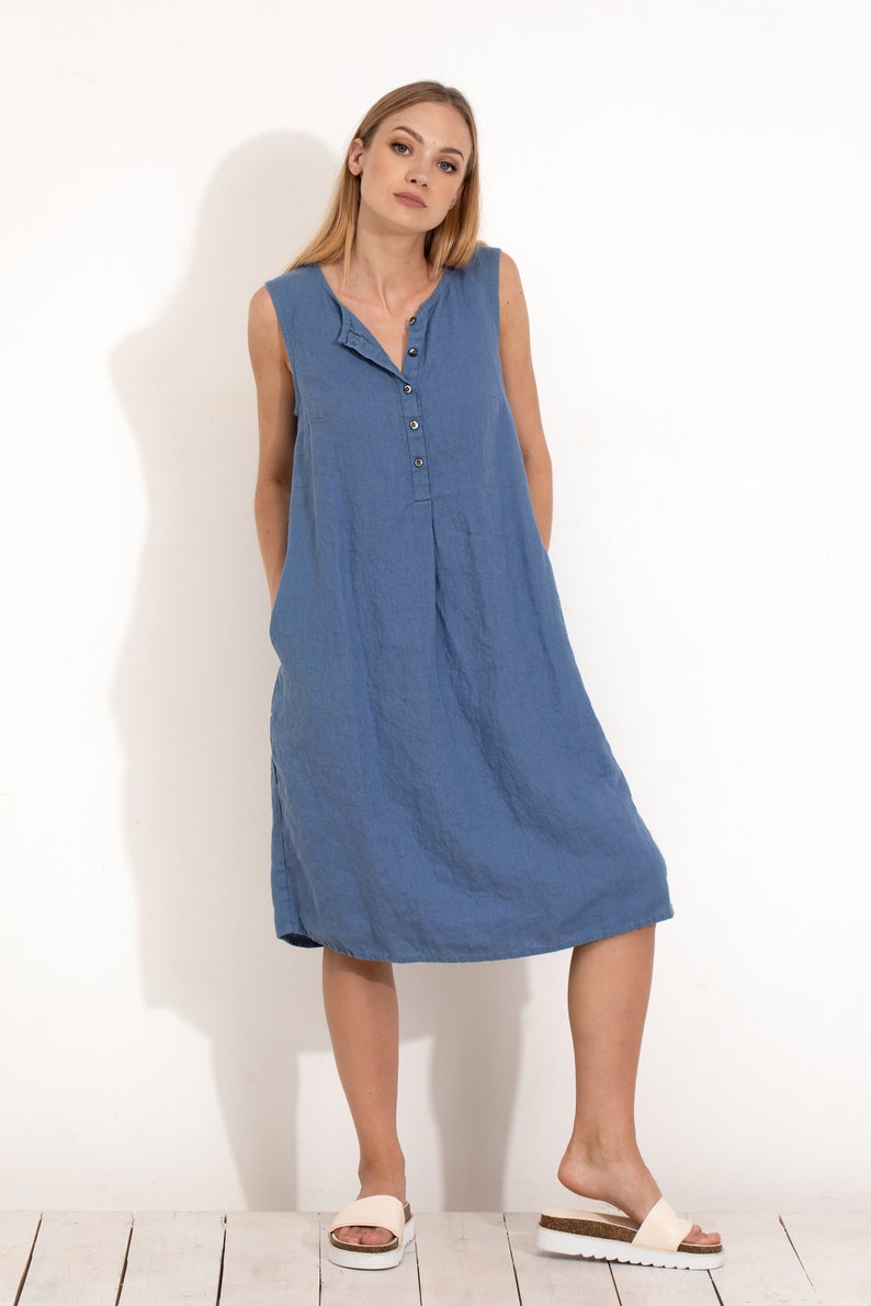 Blue Linen Dress Sleeveless with Buttons / Loose Fit Tunic Dress / Casual Maxi Tunic Dress / Linen Clothing for Women / Summer Dress image 2