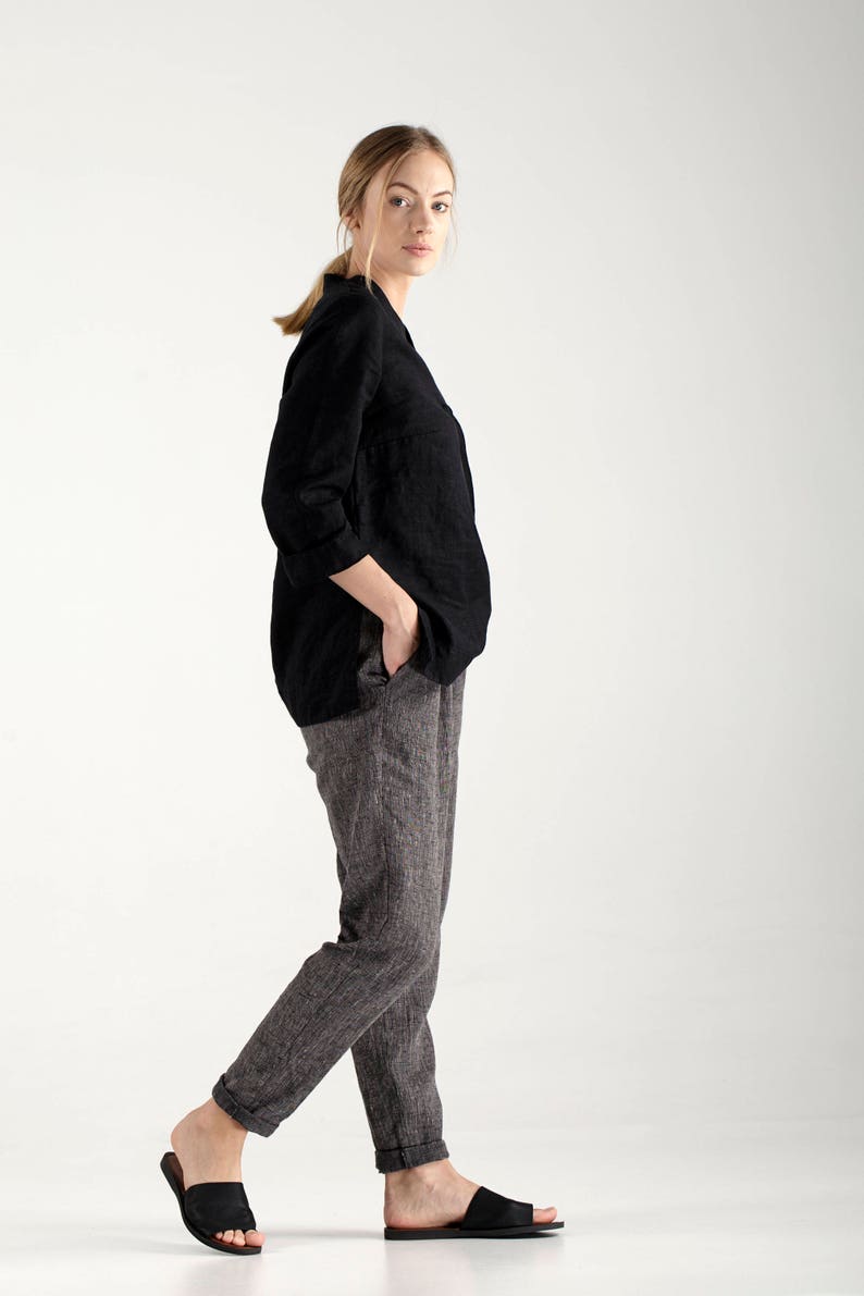 Black Linen Pants With Wool / Casual Black Linen Trousers With Wool / Casual Loose Pants / Custom Pants for Women / Loose Fitting Pants image 2