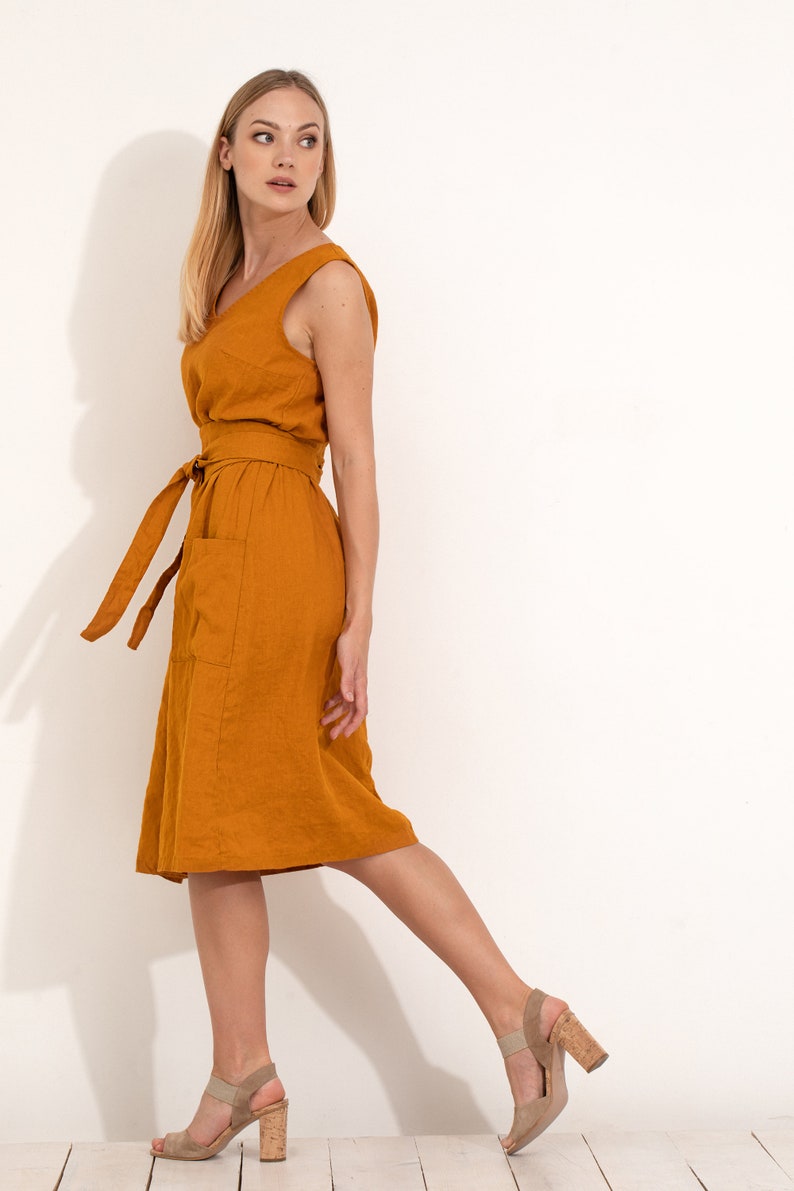 Sleeveless Linen Dress with Belt and Elastic Waist / Flax | Etsy