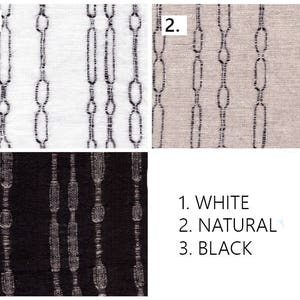 Puede incluir: Tres muestras de tela con un patr&oacute;n de eslab&oacute;n de cadena. Las muestras son blancas con eslabones de cadena negros, lino natural con eslabones de cadena negros y negras con eslabones de cadena blancos. Las muestras est&aacute;n etiquetadas como 1. BLANCO, 2. NATURAL y 3. NEGRO.