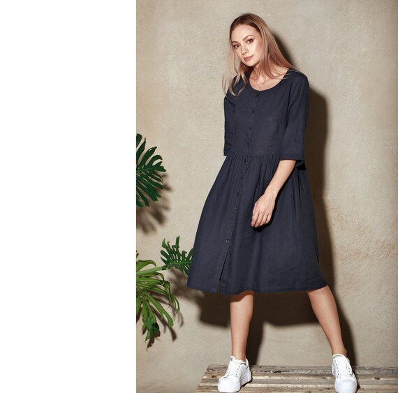 loose fitting maternity dresses MaterniWear Sleeveless Allover Print Dress With Pockets, Fit For Summer 36 in (86 Charcoal Linen Dress / Roomy
