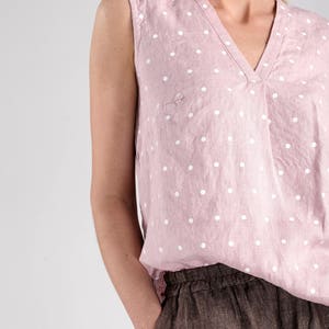 Pink Sleeveless Linen Top With White Dots / Pink Linen Top / Sleeveless Linen Blouse / Linen Blouse With Dots / Loose Fit Linen Top image 4