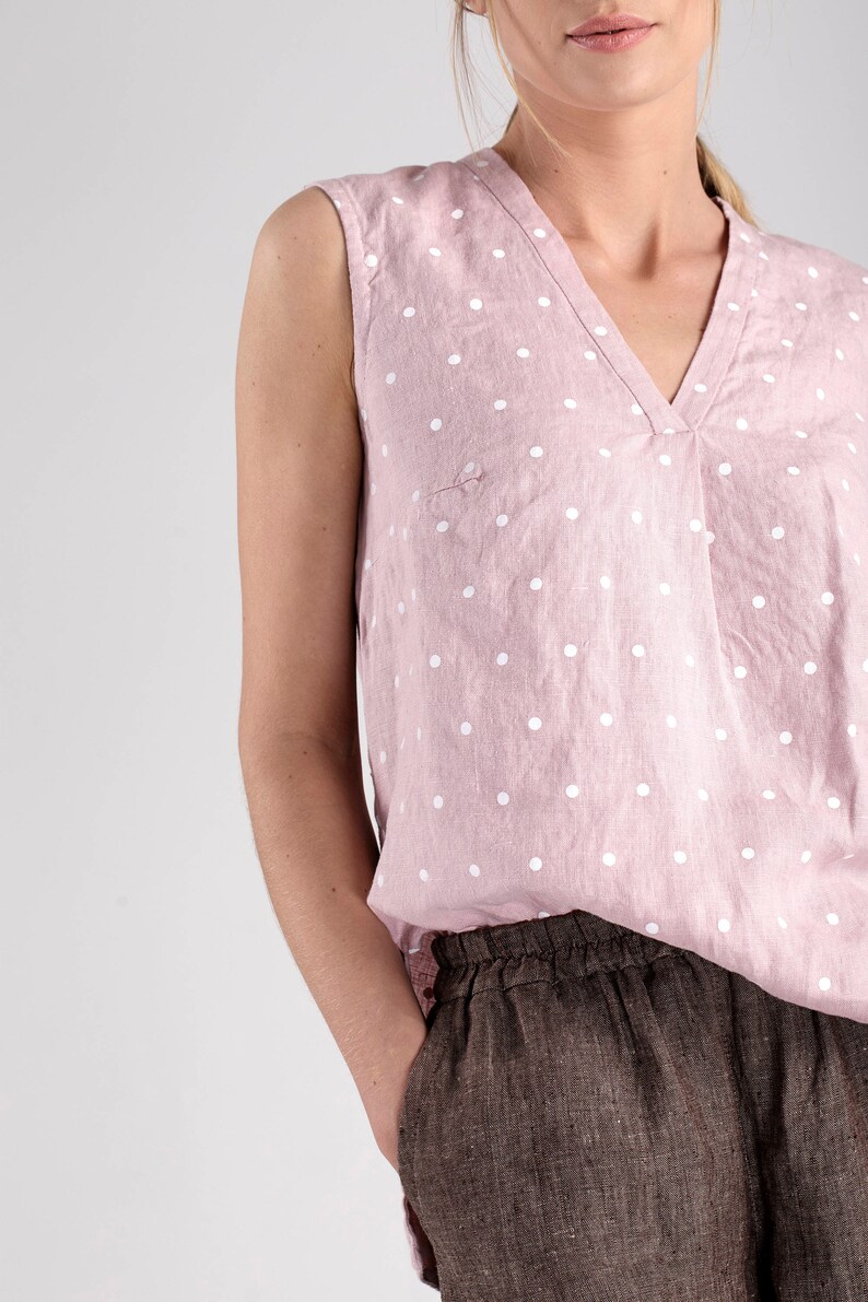 Pink Sleeveless Linen Top With White Dots / Pink Linen Top / Sleeveless Linen Blouse / Linen Blouse With Dots / Loose Fit Linen Top image 4