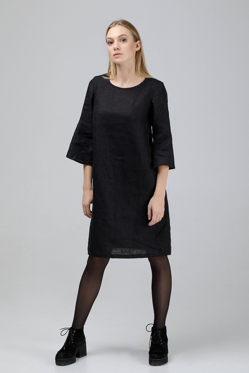 Black Linen Dress With Bell Sleeves / Washed Oversized Dress / | Etsy