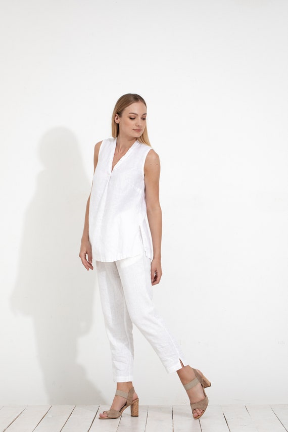 white linen sleeveless top