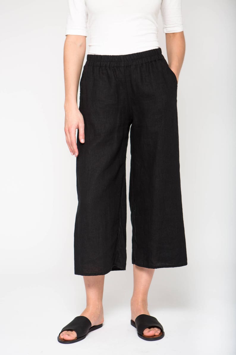 Black Linen Pants With Rubber / Loose Fit Linen Pants / Wide - Etsy