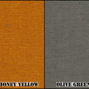 May include: Two fabric swatches, one honey yellow and one olive green. The swatches are textured and have a woven appearance.