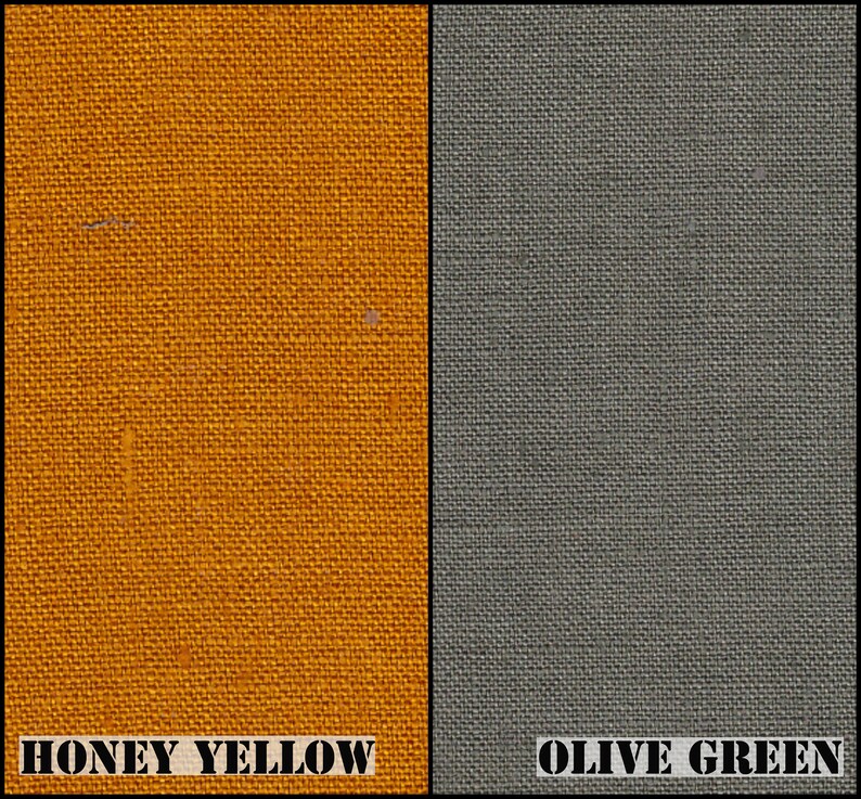 May include: Two fabric swatches, one honey yellow and one olive green. The swatches are textured and have a woven appearance.