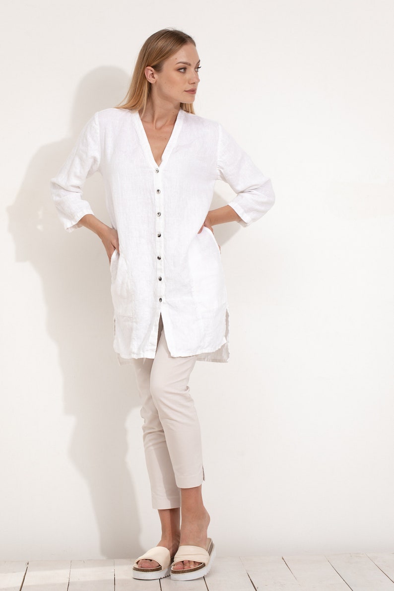 White Linen Shirt Tunic / Shift Dress / Tunic With Pockets and - Etsy