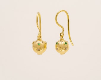 750/- yellow gold earrings ball with cinnamon-colored brilliant-cut diamonds and tsavorites