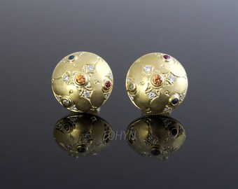 Ear studs with rubies, sapphires and diamonds