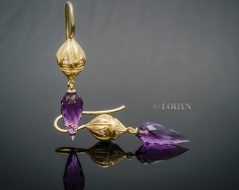 750/- yellow gold earrings with amethystpampeln and 20 flawless diamonds in decorative blend