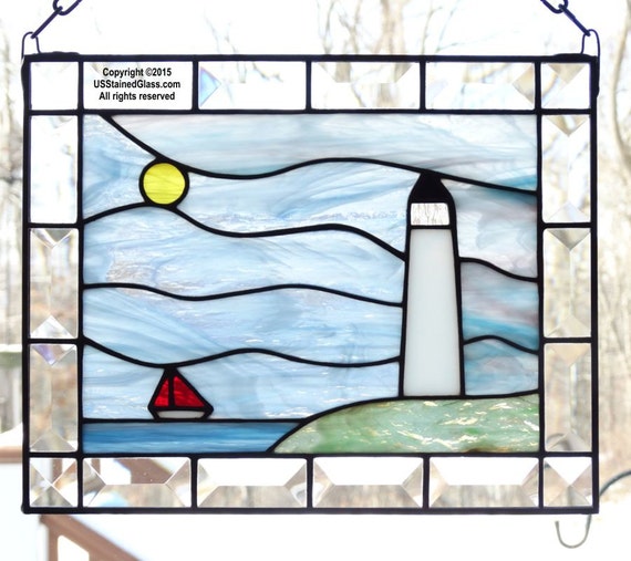 Fused Glass Lighthouse with Sailboats