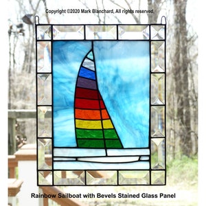 Rainbow Sailboat Stained Glass Panel with Bevels
