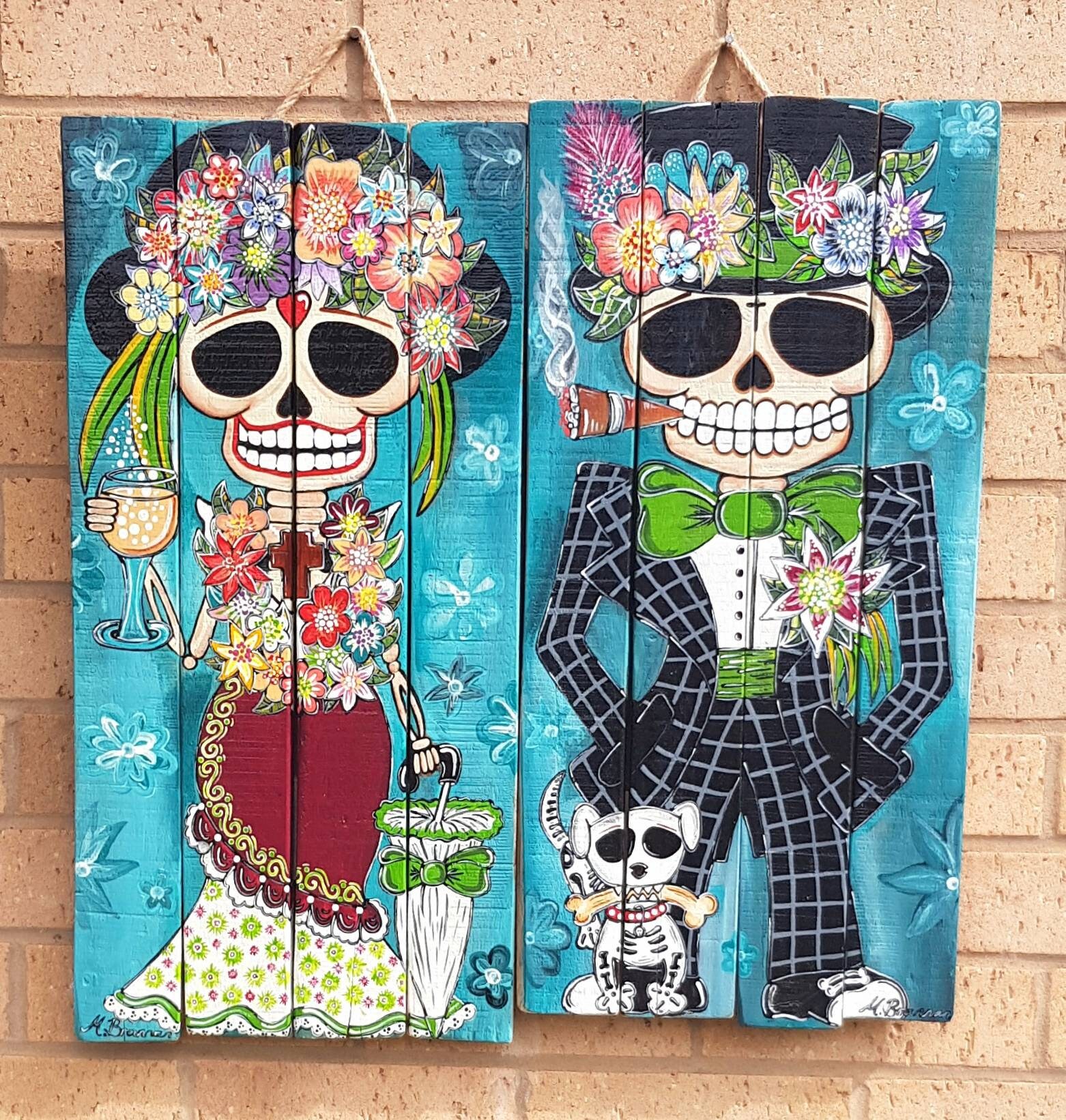 Skull wall art. Hand made handpainted wood wall art. Day of Etsy