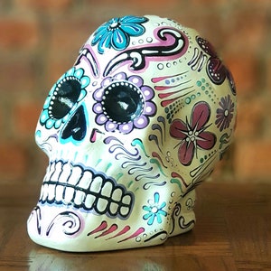 Mexican Day of the Dead hand painted sugar skull. Ceramic sugar skull. Cream skull decoration. Calavera. Halloween decor. Skull ornament .
