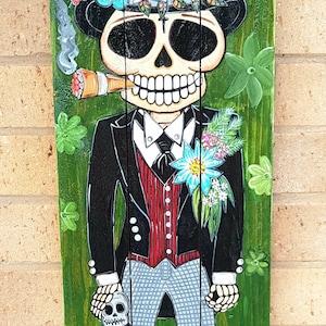 Skull wall art. Upcycled hand-painted wood wall art. Day of the Dead. Sugar skull art. Original acrylic painting. Recycled pallet wood art.