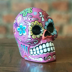 Mexican Day of the Dead hand painted sugar skull. Ceramic sugar skull. Pink skull decoration. Calavera. Halloween decor. Skull ornament .