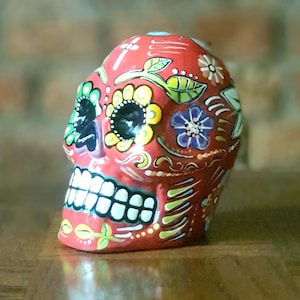 Mexican Day of the Dead hand painted sugar skull. Ceramic sugar skull. Red skull decoration. Calavera. Halloween decor. Skull ornament .