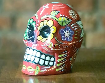 Mexican Day of the Dead hand painted sugar skull. Ceramic sugar skull. Red skull decoration. Calavera. Halloween decor. Skull ornament .
