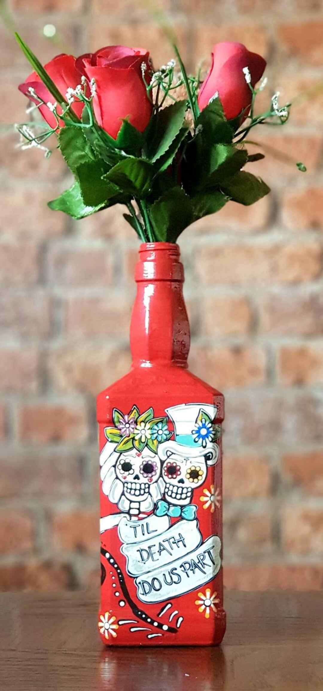 Mexican Day of the Dead Sugar Skull Hand Painted Bottle. Vase. Wedding