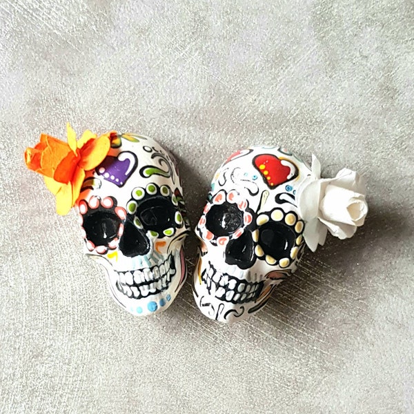 Hand made Sugar skull fridge magnets. Mexican day of the Dead. Hand-painted. Wedding | Anniversary gift. Miniature sugar skulls. Set of two.